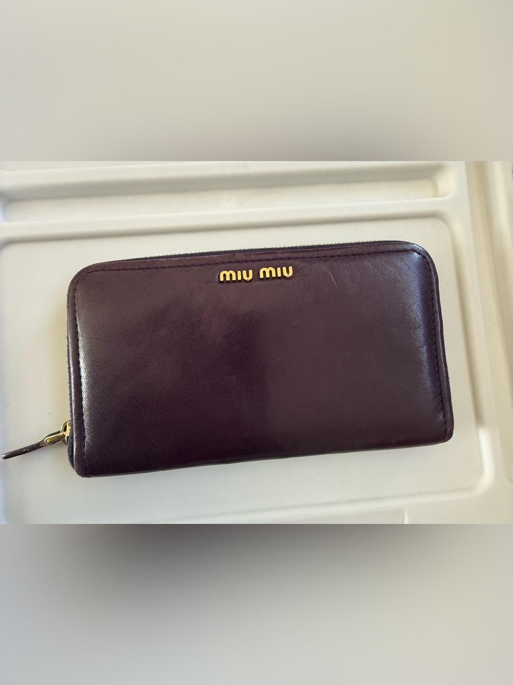 Miu Miu Plum Leather Zip-Around Wallet – Gold Logo – Classic Continental Style